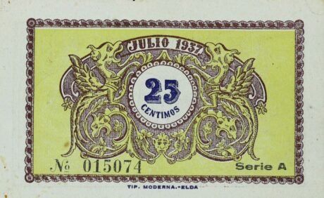 Реверс банкноты 25 centymów Castalla (Hiszpania) 1937