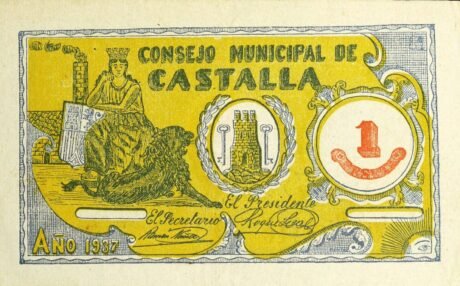 Аверс банкноты 1 peseta Castalla (Hiszpania) 1937