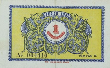 Реверс банкноты 1 peseta Castalla (Hiszpania) 1937