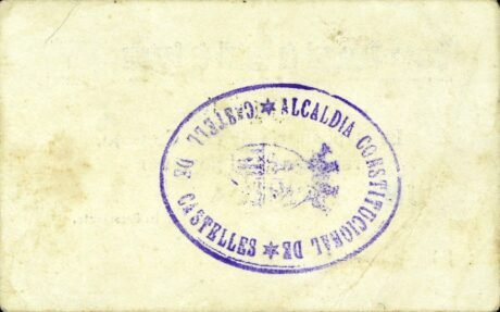 Реверс банкноты 1 peseta Castell de Castells (Hiszpania) 1937