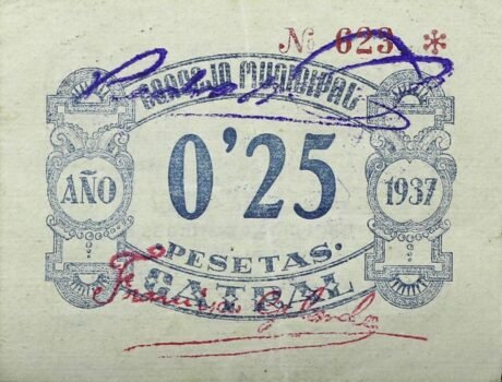 Реверс банкноты 25 сантимов Катрал (Испания) 1937 года