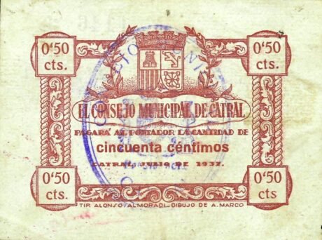 Аверс банкноты 50 сантимов катрал (Испания) 1937 года