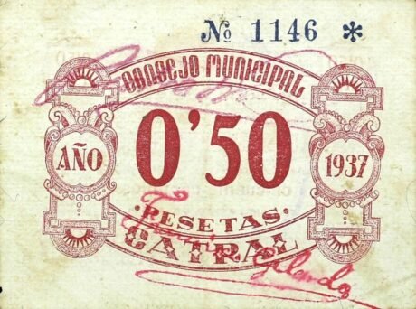 Реверс банкноты 50 сантимов катрал (Испания) 1937 года