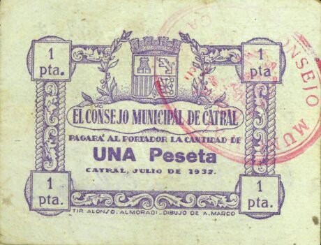 Аверс банкноты 1 песета Катрал (Испания) 1937 года
