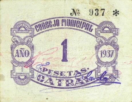 Реверс банкноты 1 песета Катрал (Испания) 1937 года