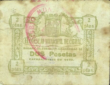 Аверс банкноты 2 песеты Катрал (Испания) 1937 года