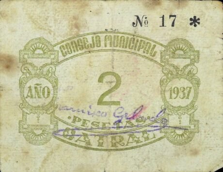 Реверс банкноты 2 песеты Катрал (Испания) 1937 года