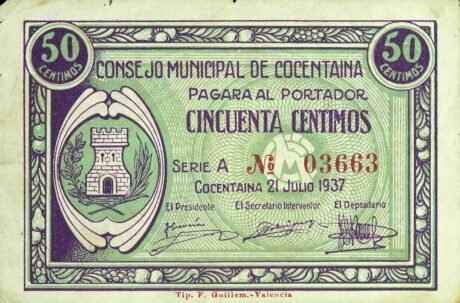 Аверс банкноты 50 centymów Cocentaine (Hiszpania) 1937