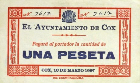 Аверс банкноты 1 песета Кокс (Испания) 1937 года