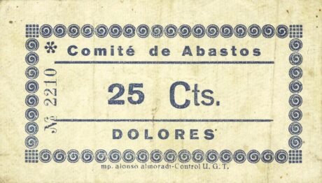 Аверс банкноты 25 centymów Dolores (Hiszpania)