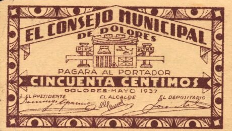 Аверс банкноты 50 centymów Dolores (Hiszpania) 1937