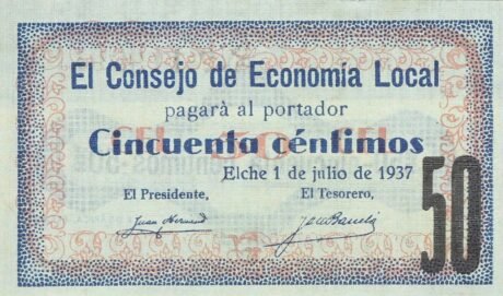 Аверс банкноты 50 centymów Elche (Hiszpania) 1937