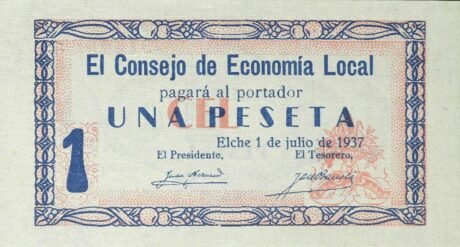 Аверс банкноты 1 peseta Elche (Spain) 1937