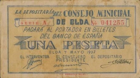 Аверс банкноты 1 peseta Elda (Spain) 1937