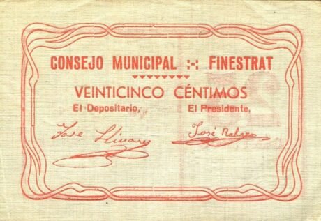 Аверс банкноты 25 centymów Finestrat (Hiszpania)