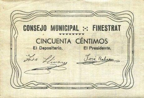 Аверс банкноты 50 сантимов Финестрат (Испания)