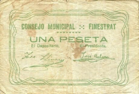 Аверс банкноты 1 песета Финестрат (Испания)
