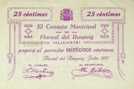 Аверс банкноты 25 сантимов Флореаль дель Распейг (Испания) 1937 года