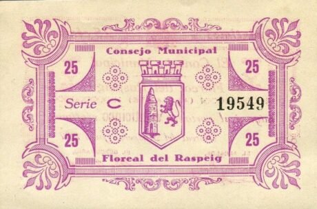 Реверс банкноты 25 сантимов Флореаль дель Распейг (Испания) 1937 года