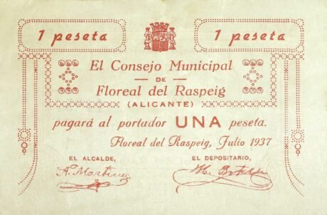 Аверс банкноты 1 Песета Флореаль дель Распейг (Испания) 1937 года