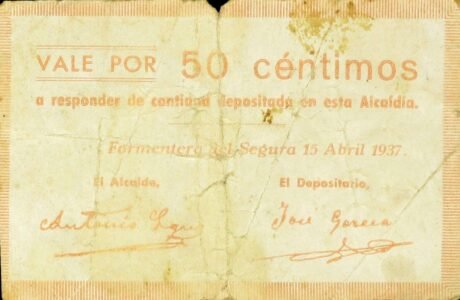 Аверс банкноты 50 сантимов Форментера-дель-Сегура (Испания) 1937 года