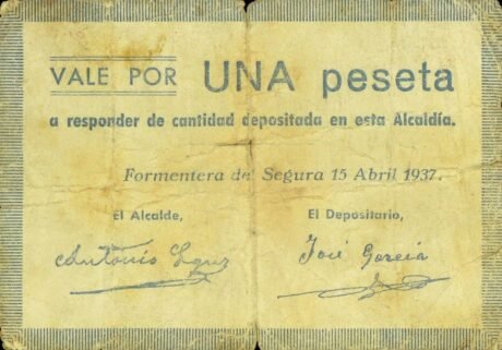 Аверс банкноты 1 peseta Formentera del Segura (Hiszpania) 1937