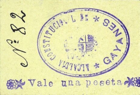 Аверс банкноты 1 peseta Gayanes (Spain)