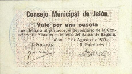 Аверс банкноты 1 peseta Jalón (Spain) 1937
