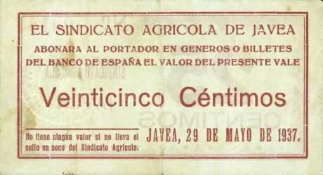 Аверс банкноты 25 сантимов Хавеа (Испания) 1937 года