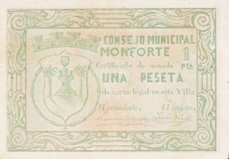 Аверс банкноты 1 песета Монфорте (Испания)