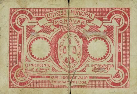 Аверс банкноты 1 peseta monovar (Spain) 1937