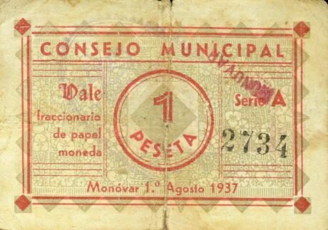 Реверс банкноты 1 peseta monovar (Spain) 1937