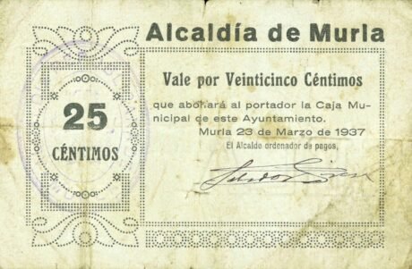 Аверс банкноты 25 сантимов Мурла (Испания) 1937 года
