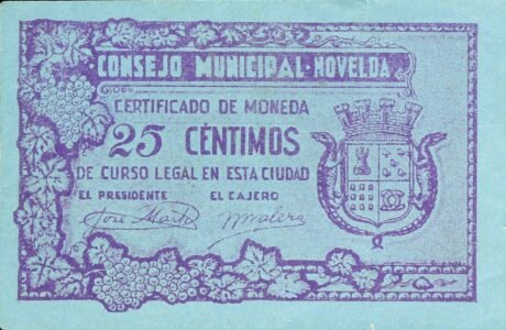 Аверс банкноты 25 сантимос новелда (Испания)