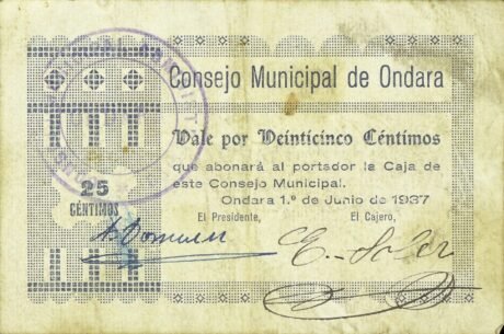 Аверс банкноты 25 centymów Ondara (Hiszpania) 1937