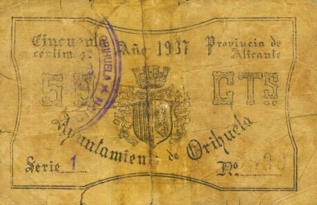 Реверс банкноты 50 centymów Orihuela (Hiszpania) 1937