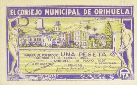 Аверс банкноты 1 песета Ориуэла (Испания) 1937 года