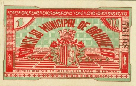 Реверс банкноты 1 песета Ориуэла (Испания) 1937 года