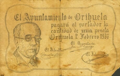 Аверс банкноты 1 peseta Orihuela (Hiszpania) 1937