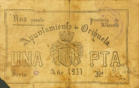 Реверс банкноты 1 peseta Orihuela (Hiszpania) 1937