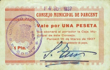 Аверс банкноты 1 peseta parcent (Hiszpania) 1937