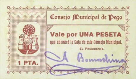 Аверс банкноты 1 песета пего (Испания) 1937 года