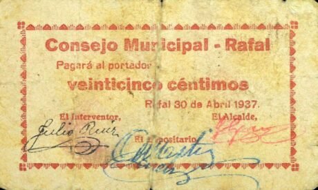 Аверс банкноты 25 сантимов Рафаль (Испания) 1937 года