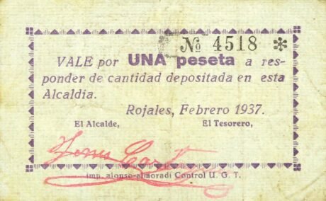 Аверс банкноты 1 peseta Rojales (Spain) 1937