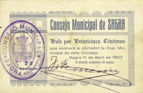 Аверс банкноты 25 centymów Sagra (Hiszpania) 1937