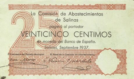 Аверс банкноты 25 сантимов Салинас (Испания) 1937 года