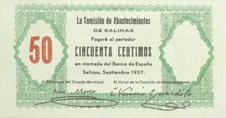 Аверс банкноты 50 сантимов Салинас (Испания) 1937 года