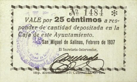 Аверс банкноты 25 сантимов Сан Мигель де Салинас (Испания) 1937 года
