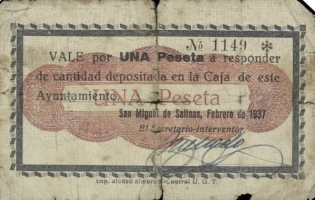 Аверс банкноты 1 peseta San Miguel de Salinas (Hiszpania) 1937