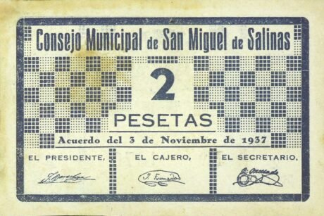 Аверс банкноты 2 песеты Сан Мигель де Салинас (Испания) 1937 года